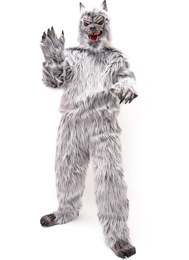 Adult Gray Wolf Costume – Plush Werewolf Suit, Halloween Party Animal Mascot Outfit