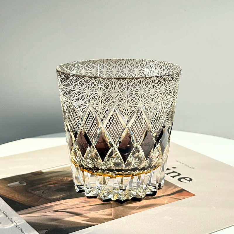 Hand-Carved Crystal Whiskey Glass – Luxury Cut Glass, Gray Old Fashioned Tumbler, Artisanal Gift for Whisky and Spirits