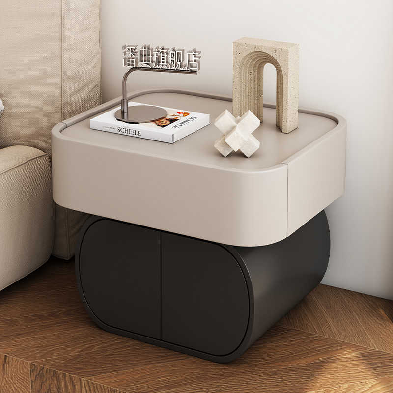 Modern Cream Luxury Nightstand, Solid Wood Curved Coffee Table for Kids Bedroom, Contemporary Minimalist Side Table with Storage
