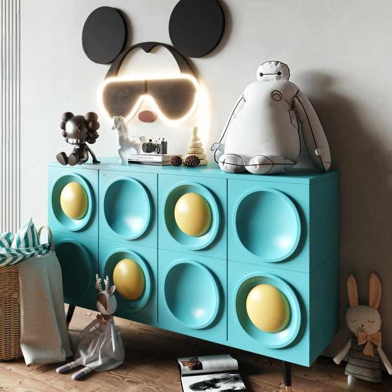 Modern Peacock Blue Cream Style Sideboard Cabinet, Minimalist Entryway Storage, 4-Door Organizer for Living Room Bedroom