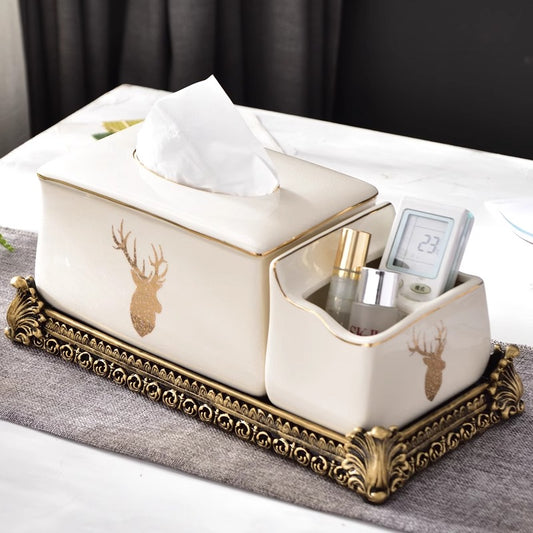 Luxury Ceramic Tissue Box and Remote Organizer | High-End Gold Deer Head Decor Storage for Living Room, Coffee Table, European-Style Vanity