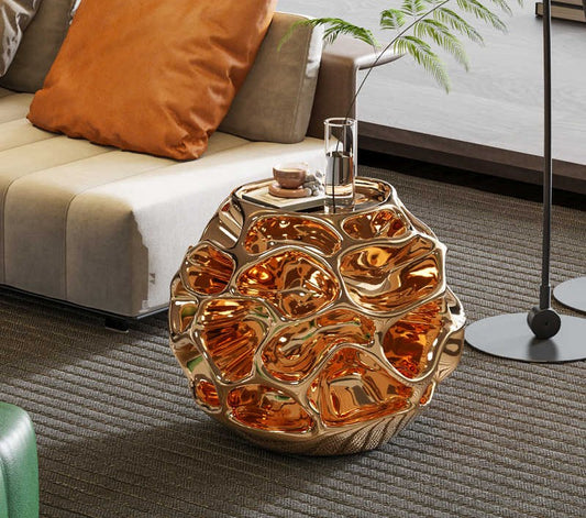 Creative Honeycomb Art Side Table, Modern Gold Sculptural Coffee Table, Mobile Bedside Accent for Living Room, Small Spaces