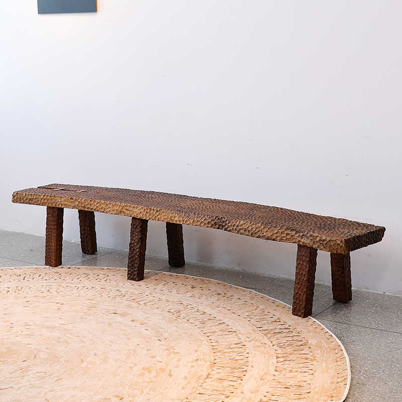 Wabi-Sabi Hand-Hammered Texture Bench – Japanese Minimalist Solid Wood Long Bench with Artisan Finish, Unique Rustic Furniture