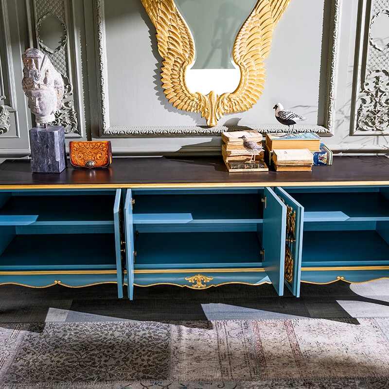 Solid Wood Carved Gold TV Cabinet, Luxury Vintage 6-Door Console Sideboard for Villa Living Room