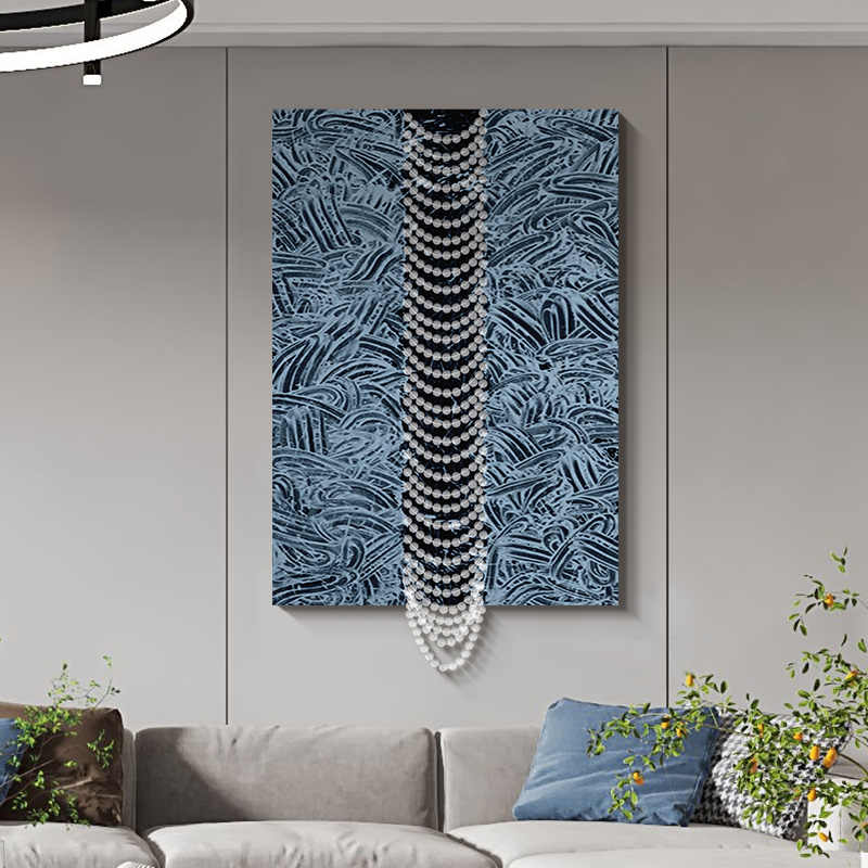 Modern Luxury 3D Abstract Crystal Pearl Wall Art – Hand-Painted Textured Oil Painting with Vertical Bead Cascade, Frameless