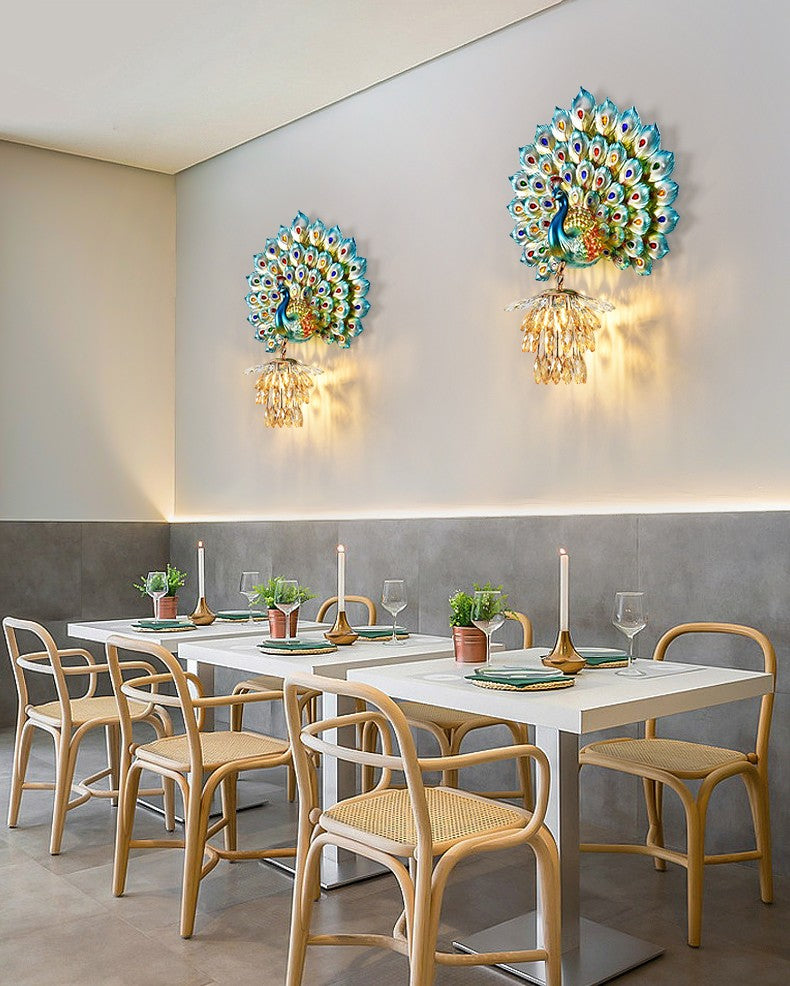 Blue Peacock Feather Wall Sconce Set – Crystal Wired Resin Accent Light for Living Room, Bedroom, and Decorative Walls (Set of 2)