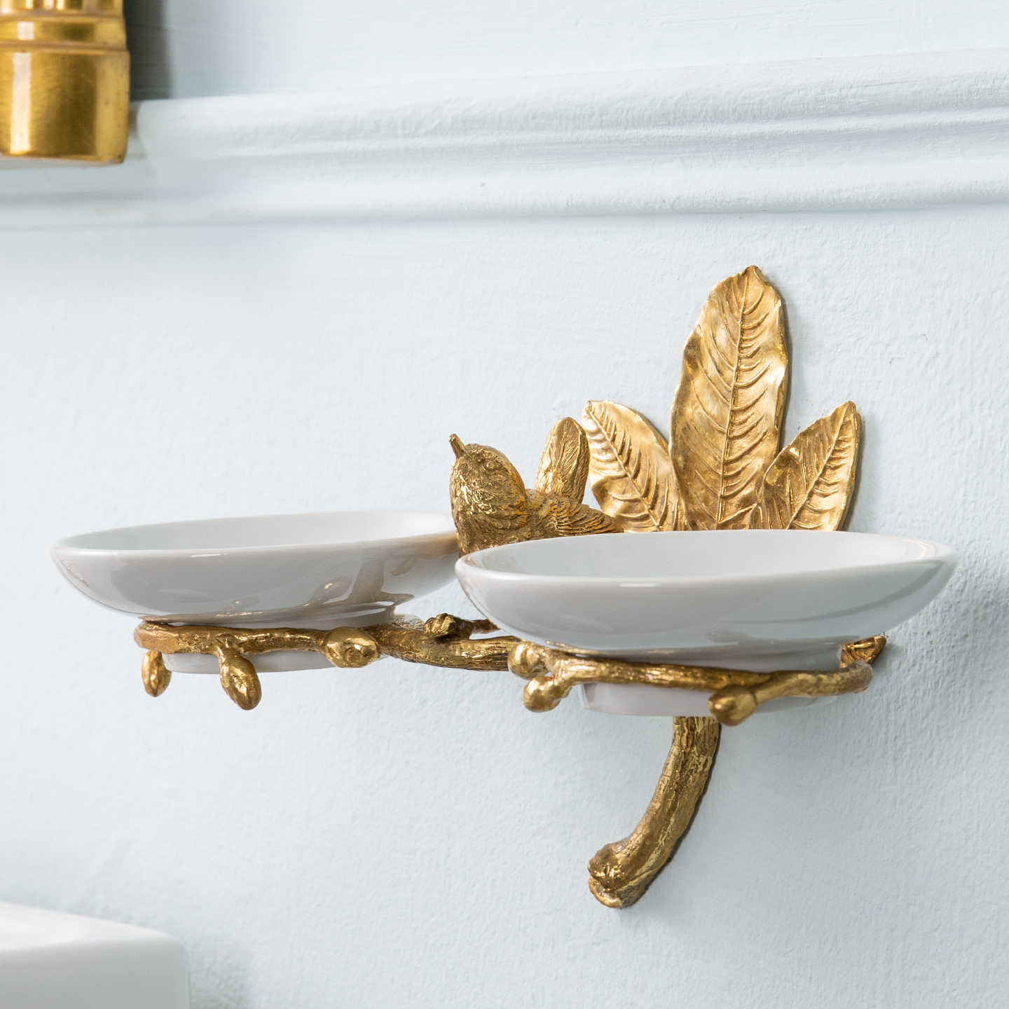 Butterfly Tao Vintage Brass Double Soap Dish, Bird Leaf Bathroom Organizer