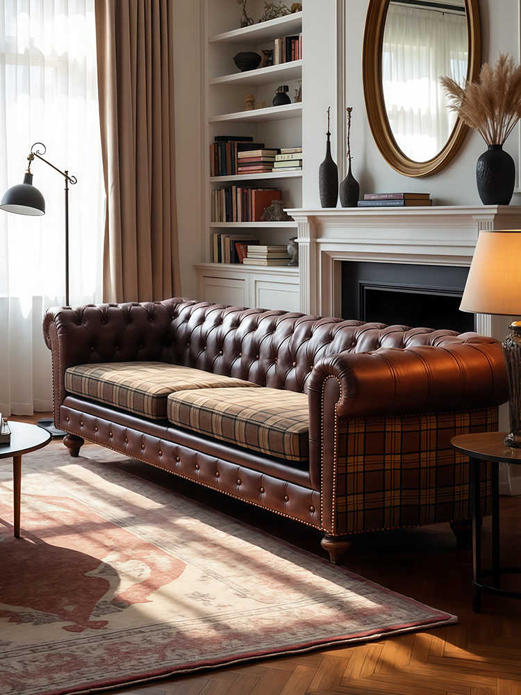 Vintage Chesterfield Leather Sofa – Retro Luxury 3-Seater Couch for Living Room, Club, or Villa, Plaid Cushion