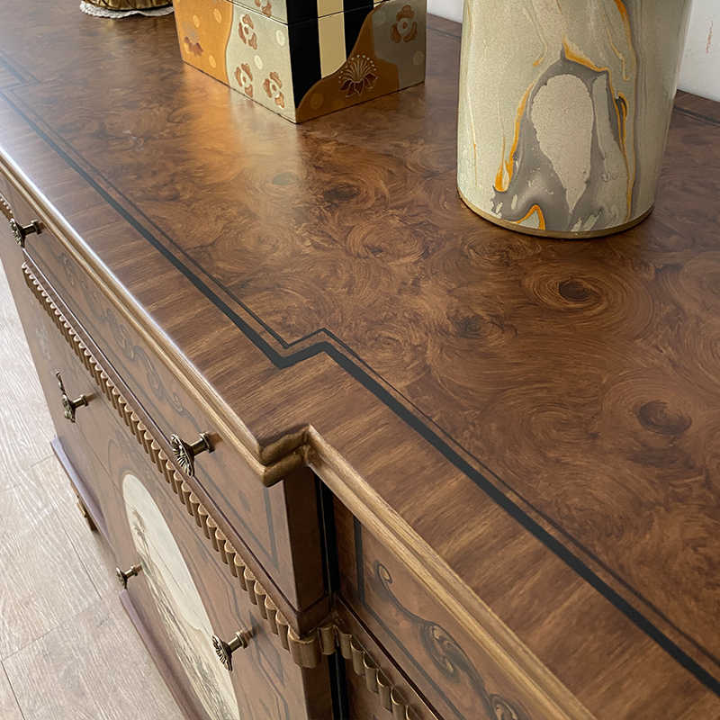 Neoclassical Hand-Painted Sideboard, Vintage Console with Carved Floral Panels, Luxury Entryway Storage Cabinet
