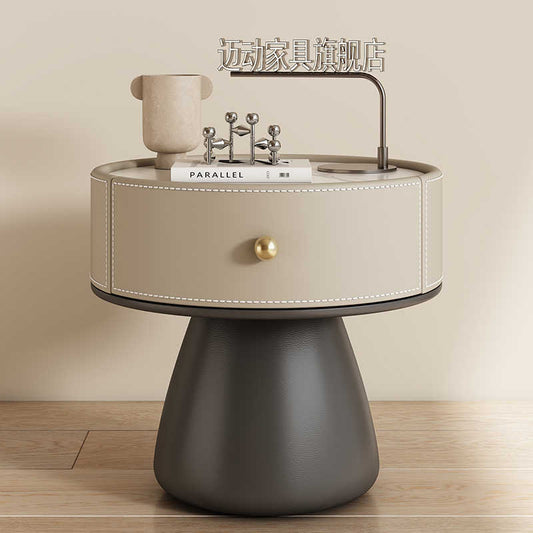 Italian Luxury Round Nightstand with Leather Upholstery & Marble Top, Contemporary Bedside Table with Drawer Storage, Modern Bedroom Side Table