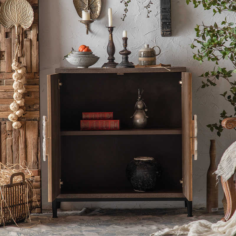 American Rustic Wood Entryway Cabinet with Chevron Pattern & Ornate Metal Hardware, Distressed Finish Storage Console for Small Spaces