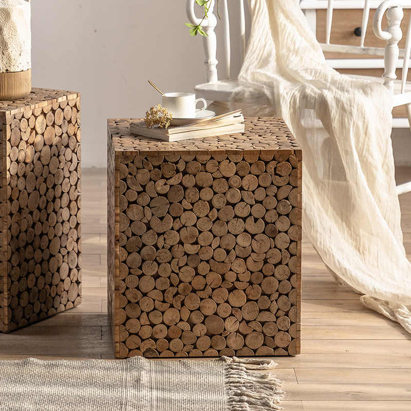 Wabi-Sabi Rustic Wood Branch Cube Table, Natural Teak Log End Accent Table for Living Room & Bedroom