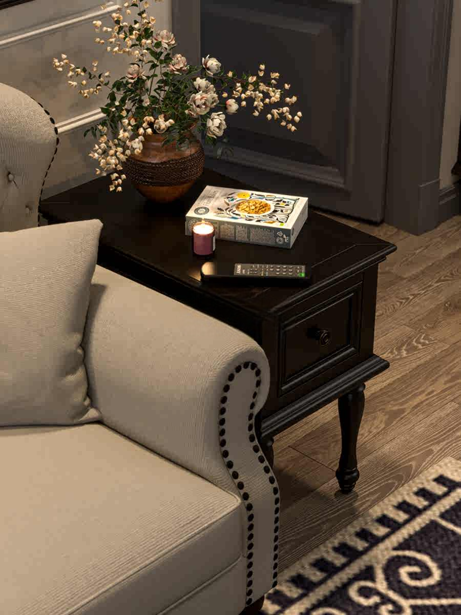 Solid Wood Square Side Table, Modern Minimalist Black Single-Drawer End Table for Living Room, Sofa, Bedroom