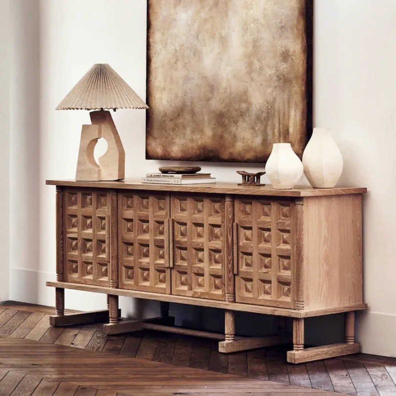 French Vintage Solid Wood TV Console Cabinet, Rustic Country Style Media Stand with Hand-Carved Diamond Pattern, Weathered Oak Finish Storage Sideboard