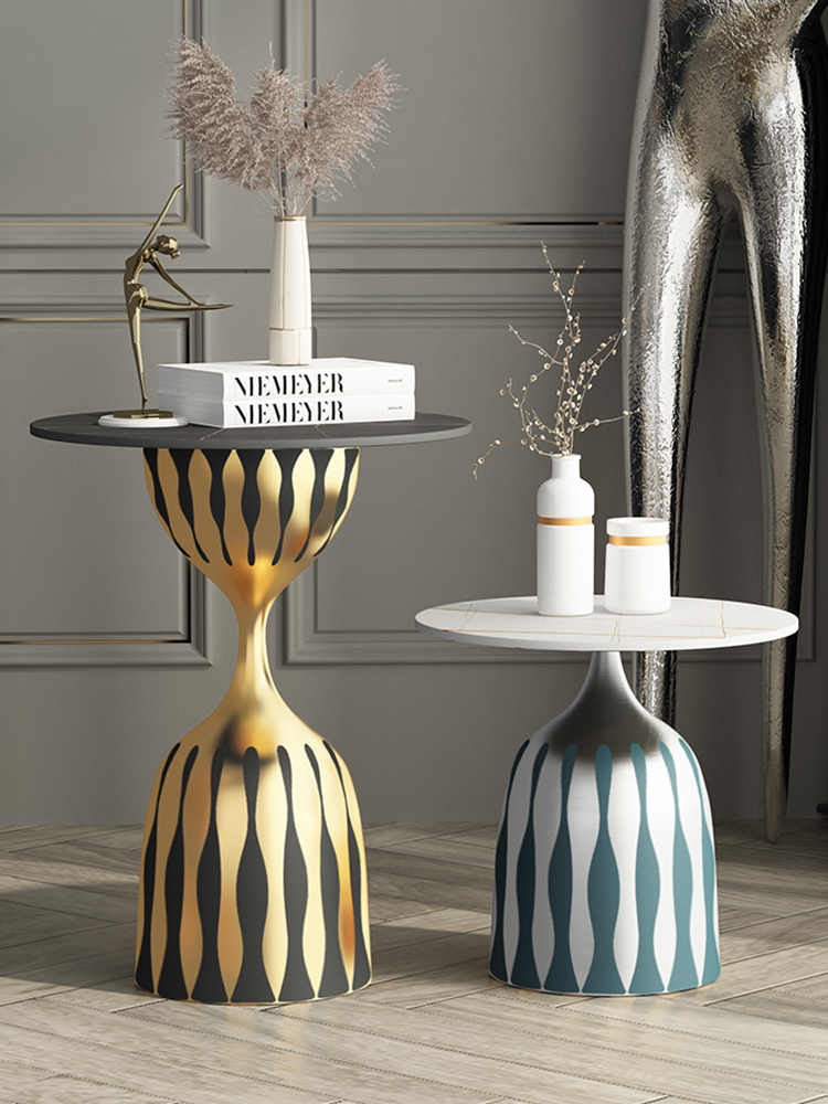 Modern Luxury Black Marble Side Table, High-End Hourglass Accent Table with Gold Detailing, Small Coffee Table for Sofa, Living Room, Apartment