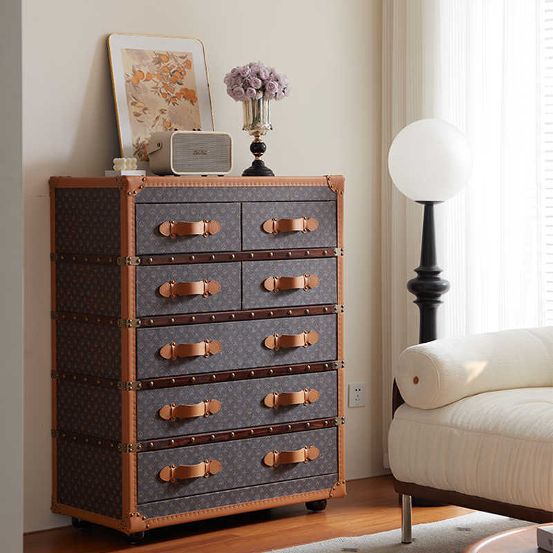 French Vintage Steamer Trunk Style Chest of Drawers, Classic Monogram Canvas Pattern Storage Cabinet with Leather Trim
