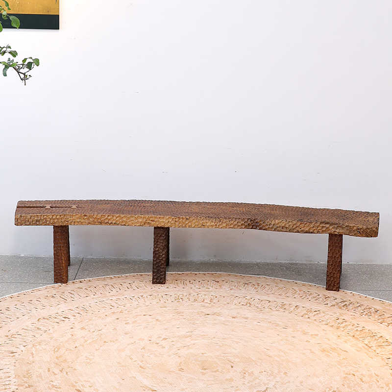 Wabi-Sabi Hand-Hammered Texture Bench – Japanese Minimalist Solid Wood Long Bench with Artisan Finish, Unique Rustic Furniture