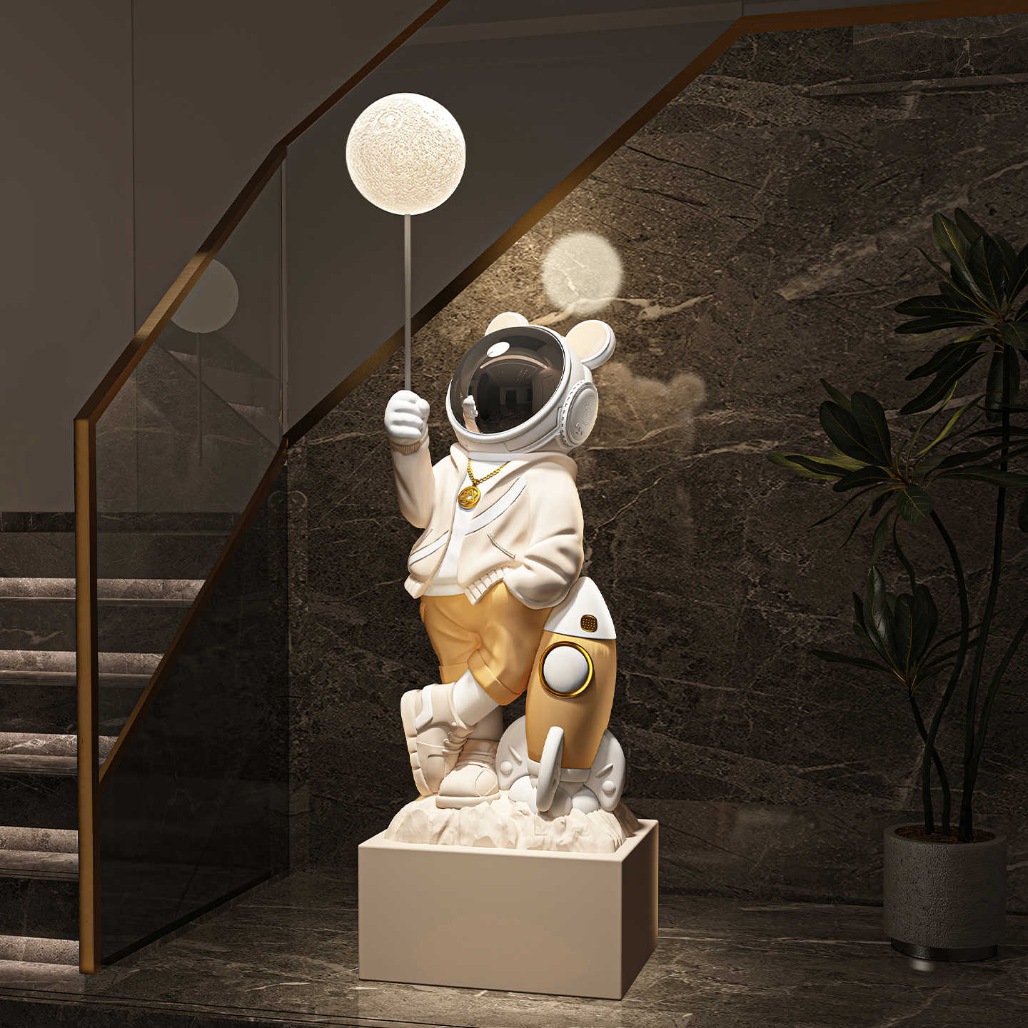 Luxury Life-Size Astronaut Floor Sculpture with LED Moon Lamp – Premium Space-Themed Art for Living Room & Housewarming Gift