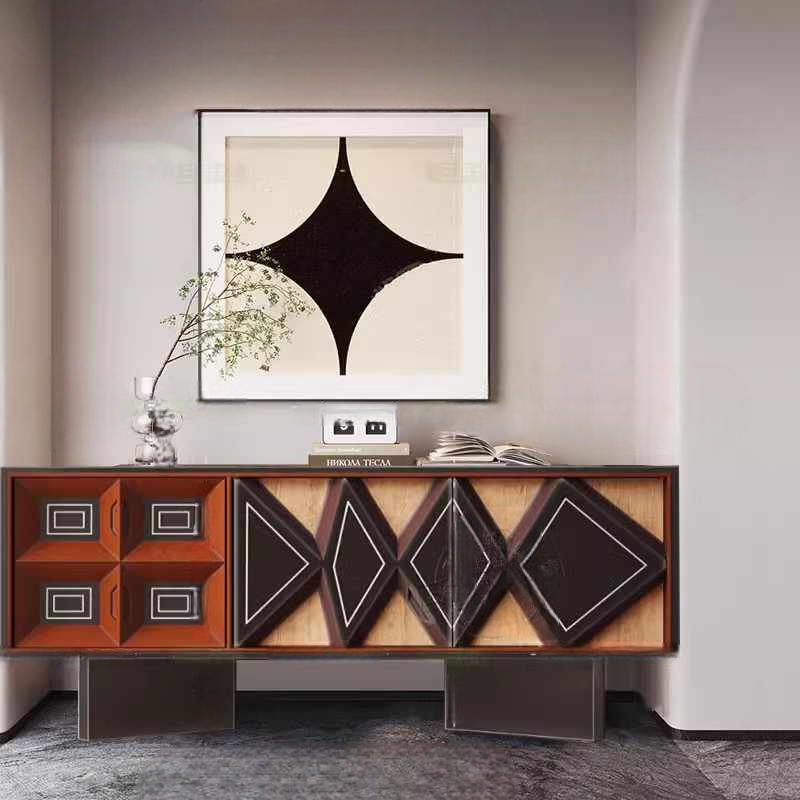 Retro Solid Wood Artistic Sideboard Buffet Cabinet, Modern Luxury Entryway Storage with Drawers, Double-Door Creative Console