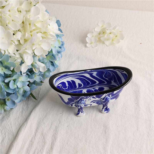Klein Blue Marble Pattern Draining Soap Dish, Bathtub Shape Soap Box with Drainage Hole