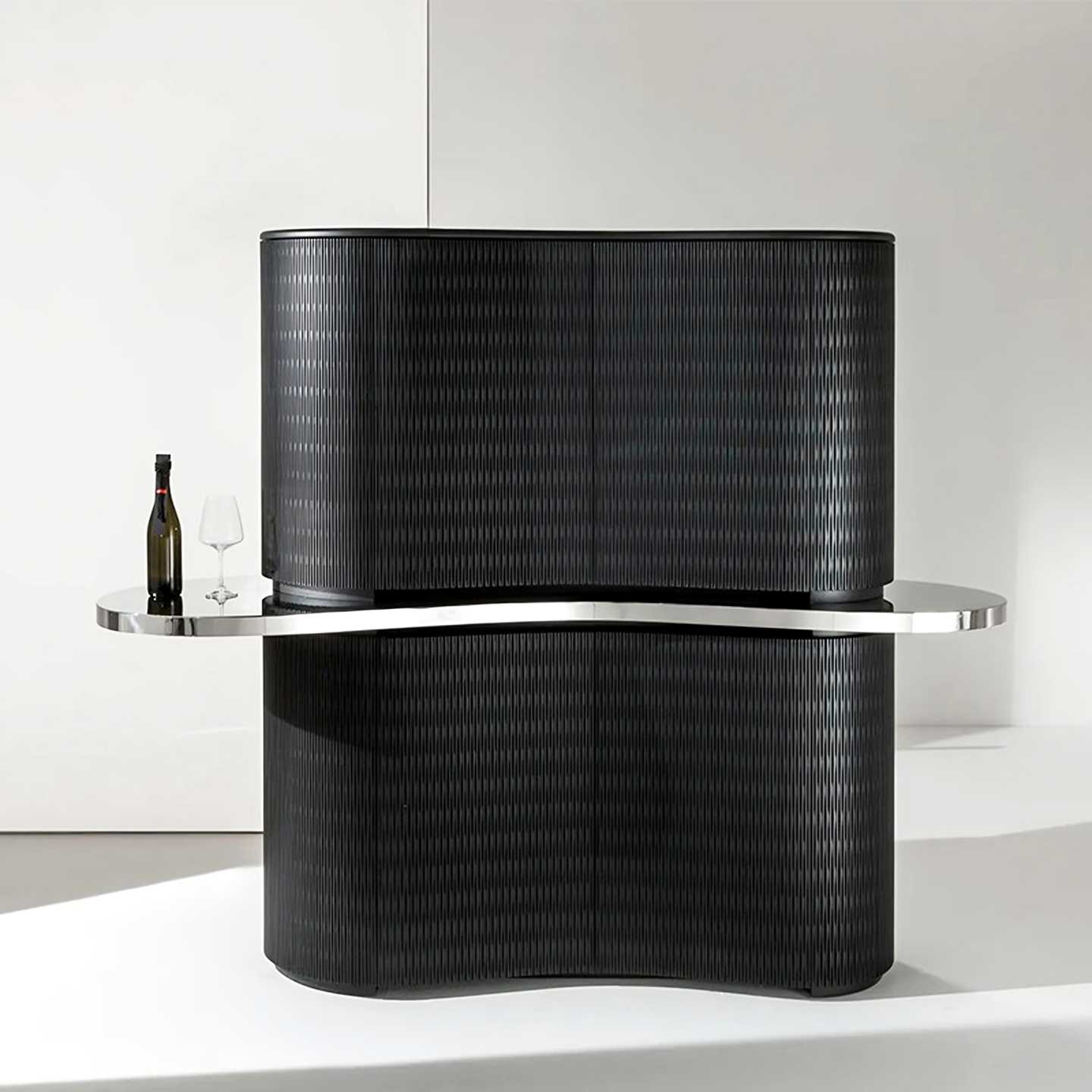 Curved Bar Cabinet in Black – Modern Sculptural Wine Display with Stainless Steel Accents, Designer Luxury Storage Cabinet for Contemporary Living Rooms