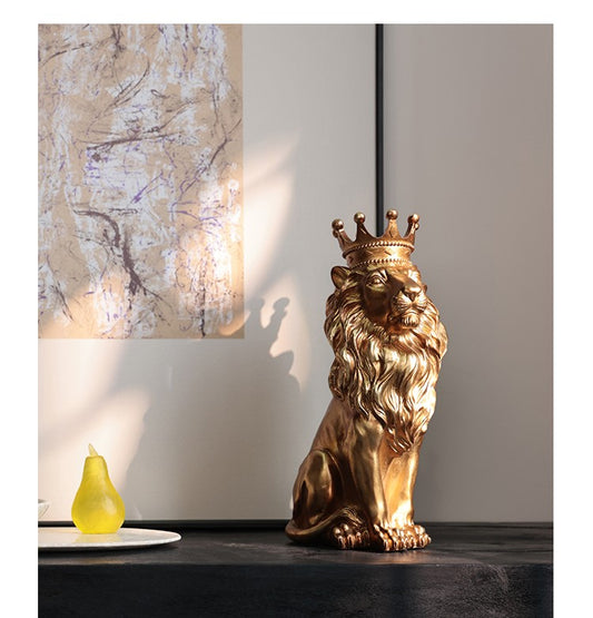Crowned Lion Feng Shui Sculpture in Antique Gold Finish, European Style Prosperity Symbol for Desktop & Mantel Display, Regal King Lion Figurine