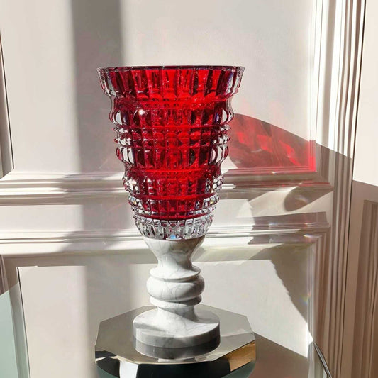 Luxury Red Crystal Vase with Marble Base, Modern Decorative Centerpiece for Living Room Entryway Bedroom, 15.3 Inch Designer Lily Flower Holder