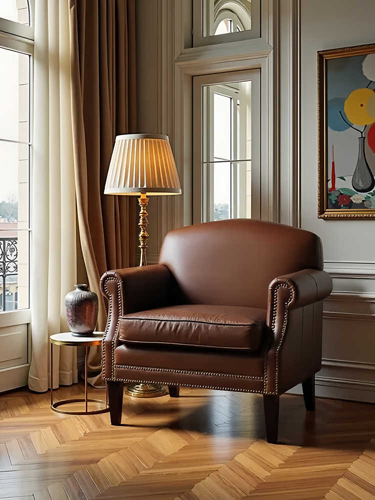 Vintage Genuine Leather Club Chair – Retro Small Living Room Accent Armchair, Brown Tufted Reading Lazy Chair