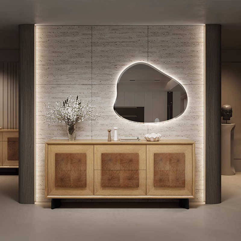 Vintage Solid Wood Sideboard, Luxury Entryway Cabinet with Drawer Storage, Modern Oak Ring Pattern Console