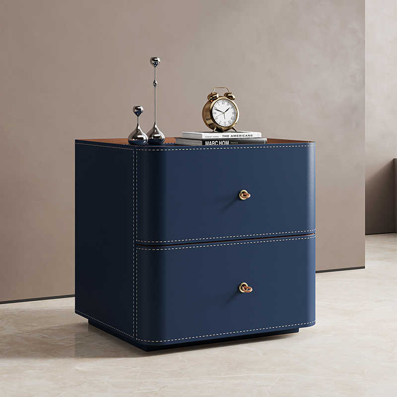 Luxury Modern Nightstand – Minimalist Saddle Leather & Solid Wood Side Table, High-End Bedside Cabinet with Stone Top
