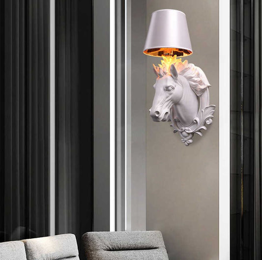 Creative Horse Head Wall Sconce – Large White Animal Lamp with Modern Shade for Living Room, TV Feature Wall, Hotel, KTV, Stairs, or Corridor Décor