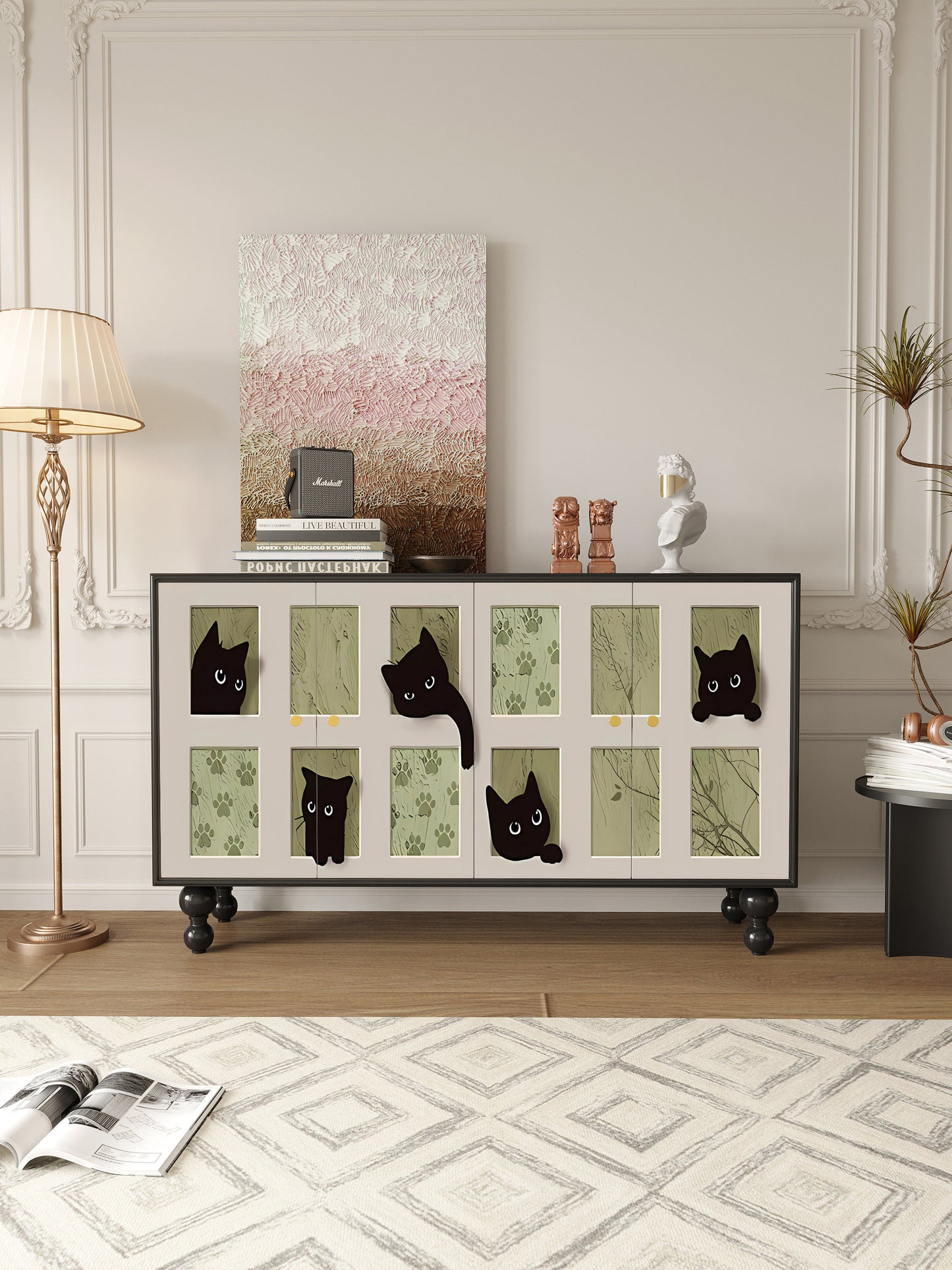 French Style Hand Painted Cat Sideboard Cabinet, 120cm Solid Wood Accent Storage Cabinet, Decorative Entryway Console, Dining Room Buffet, Living Room Storage Credenza