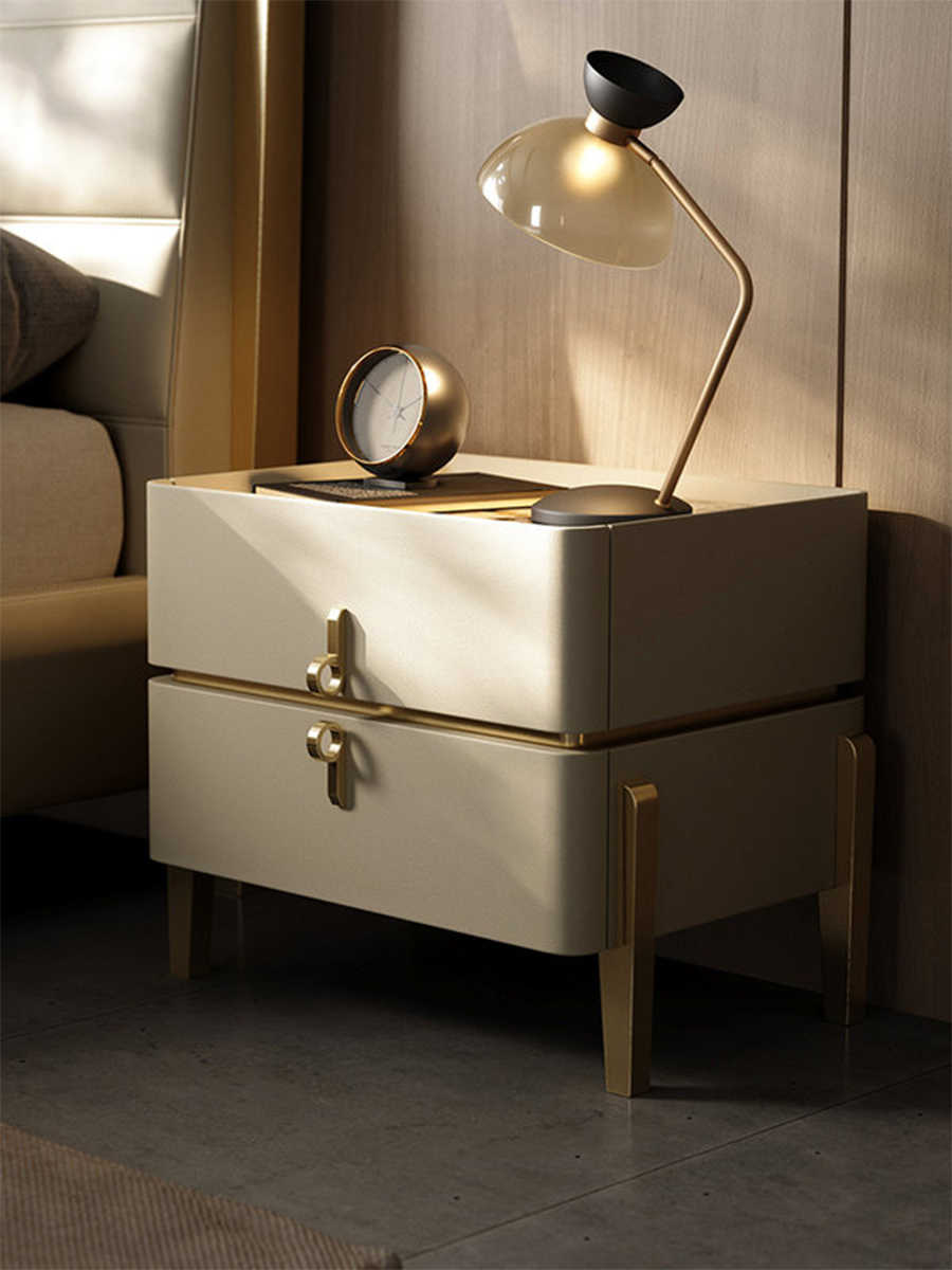 Modern Light-Luxury Sintered Stone Nightstand – High-End Solid Wood Bedside Storage Cabinet, Minimalist Double-Drawer