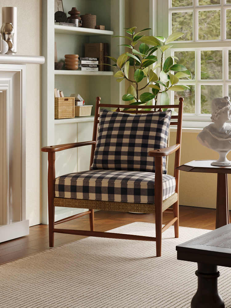 Vintage Plaid Wooden Armchair – Designer Checkered Accent Sofa for Living Room, Homestay, or Study