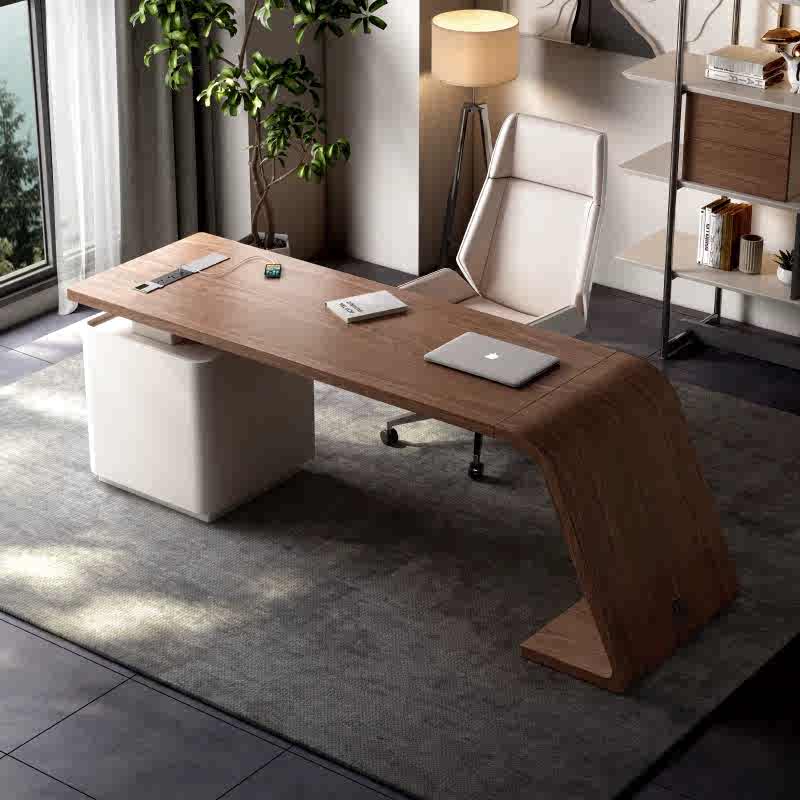 Modern Italian Black Walnut Executive Desk – Luxury Curved Multifunction Office Table