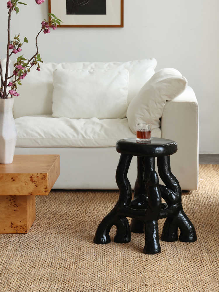 Modern Sculptural Resin Accent Side Table, Black Designer Art Stool, Minimalist Decorative End Table for Living Room and Bedroom