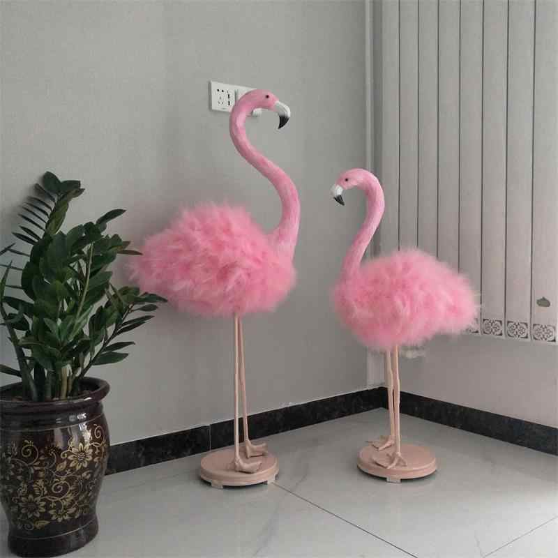 Pink Feathered Flamingo Decor Set – Luxury Real Feather Simulation Animal Figurines, Home Display, Window Decor, Wedding Party Props (Pair)