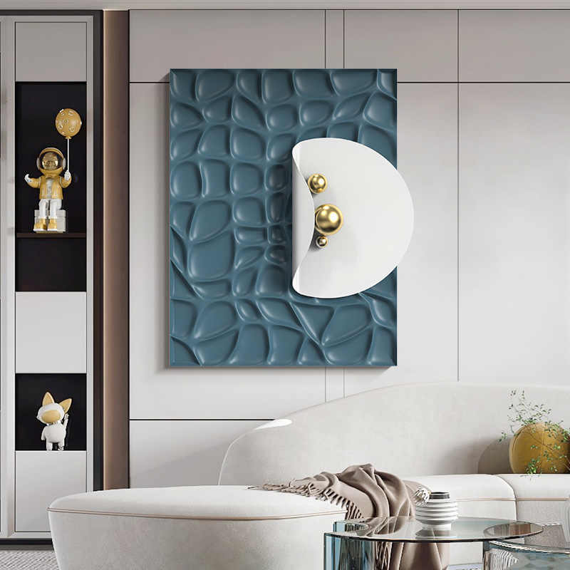 Luxury Modern Abstract Blue 3D Stone Pattern Wall Art, Handcrafted Sandstone Relief Panel with Gold Spheres for Living Room, Entryway, or Dining Room