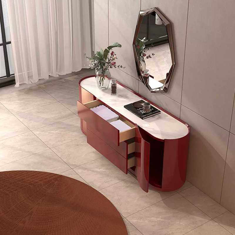 Retro Luxury Red Sintered Stone Sideboard, Modern Minimalist Buffet Storage Cabinet, Wall-Mounted TV Console for Living Room/Bedroom