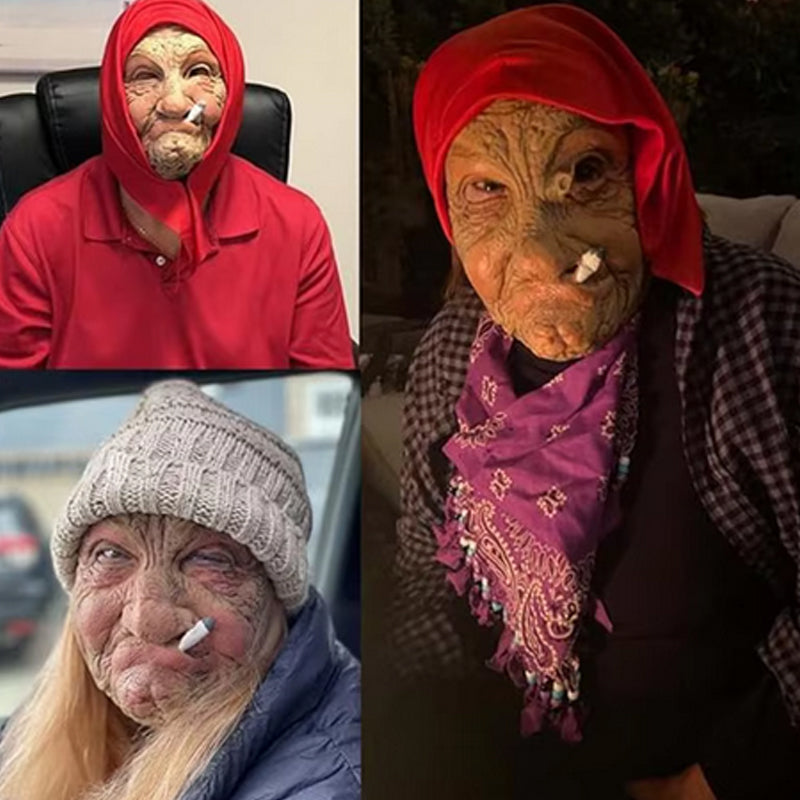 Red Headscarf Old Man Latex Mask – Smoking Grandpa Horror Costume, Halloween Joker Jack Cosplay Prop