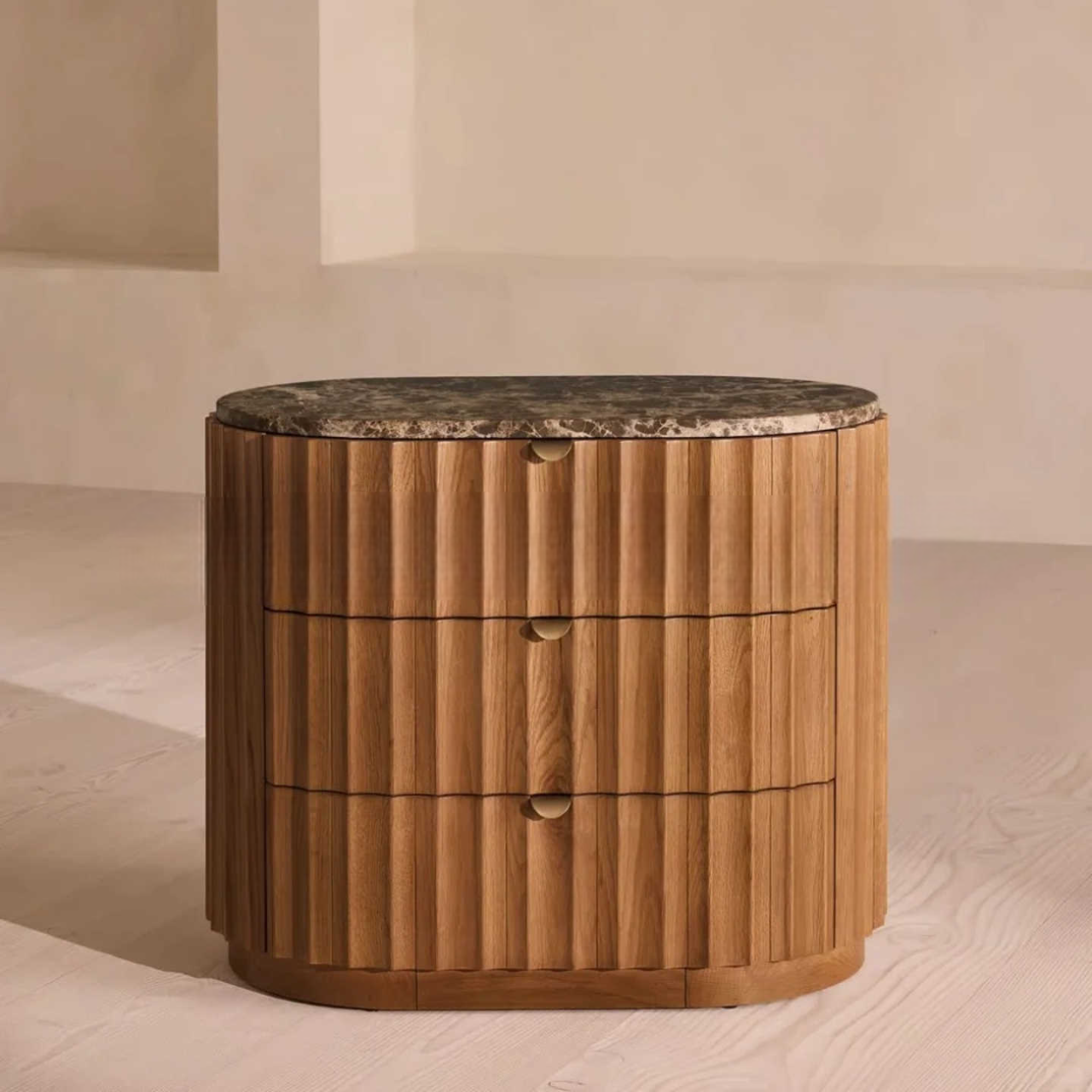 Mid-Century Modern Solid Wood Nightstand – Designer Vintage Bedside Cabinet with Marble Top, Three Drawers, No Assembly Required, Bedroom Storage