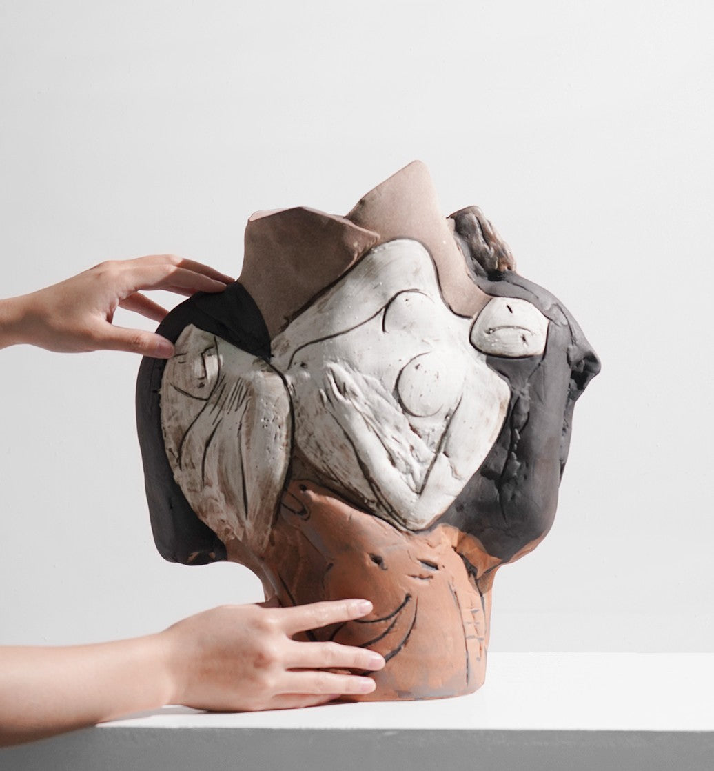 Modern Handcrafted Ceramic Vase, Abstract Art Floral Sculpture Style, Artistic Nude Relief for Entryway, Study, or Hotel