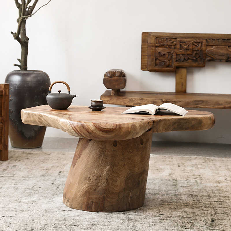 Wabi-Sabi Live Edge Wood Coffee Table – Natural Solid Wood Stump Table with Organic Form, Japanese Minimalist Living Room Furniture
