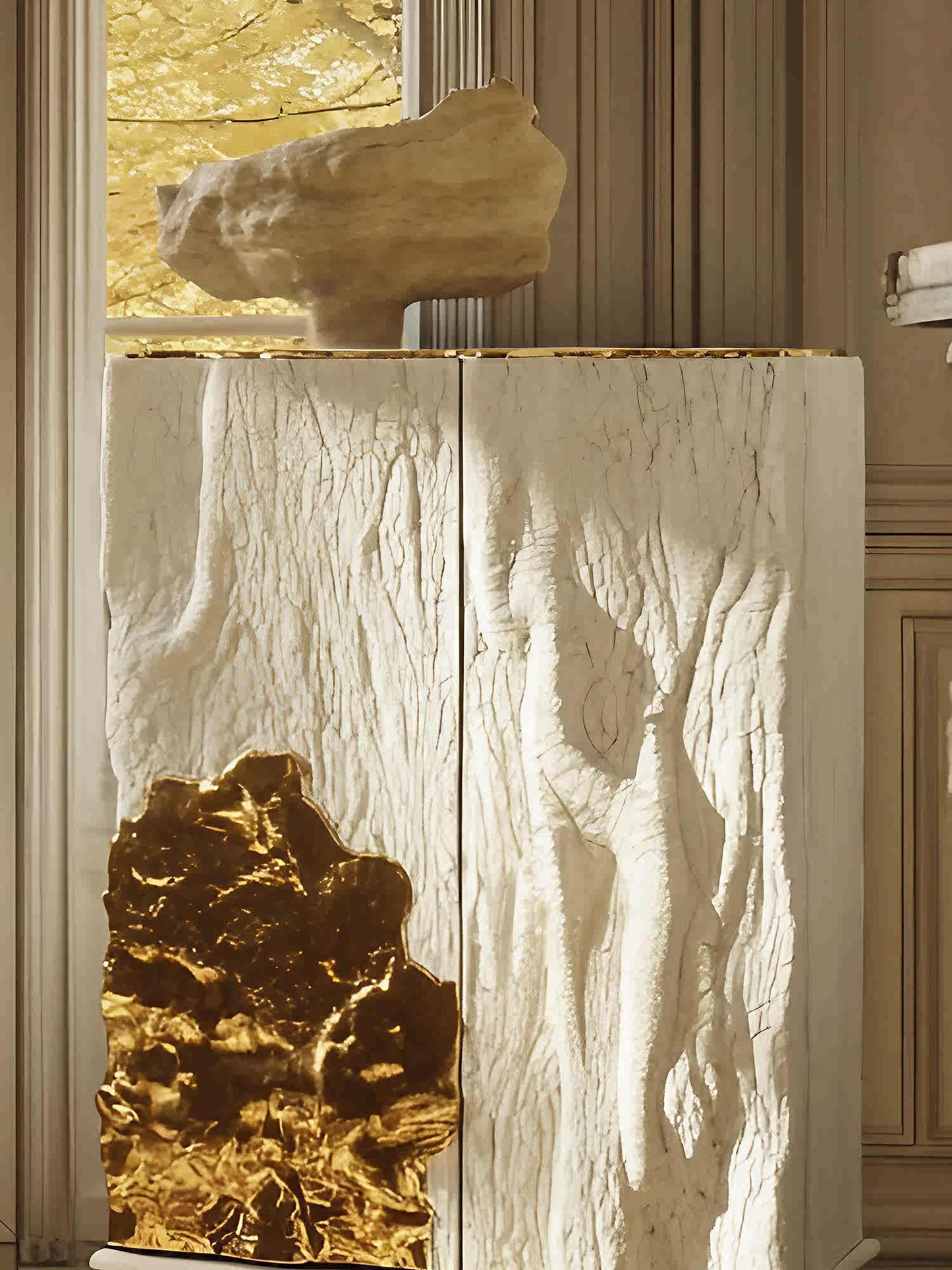Designer Art Cabinet with Textured Relief Panels & Gold Leaf Accents, Luxury Villa Storage Sideboard with Sculptural Base