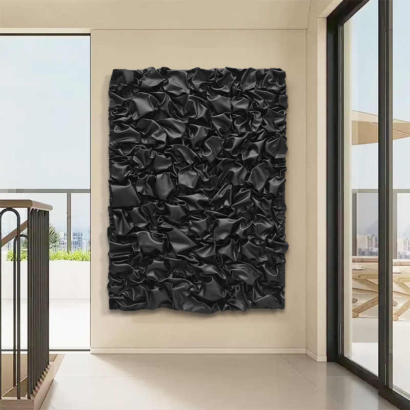 Modern 3D Black Leather Abstract Wall Art, Large Textured Relief Art Panel, Designer Statement for Living Room or Entryway