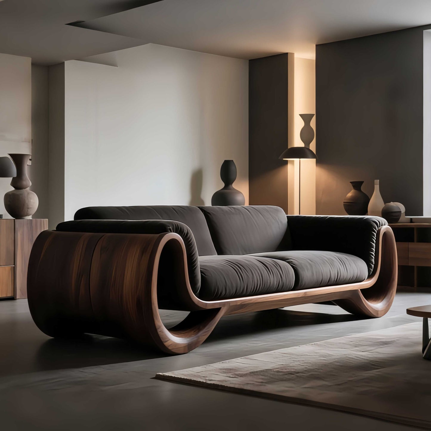Contemporay New Walnut Sofa – Sculptural Curved Wood Frame with Premium Upholstery, Luxury Modern Living Room Furniture