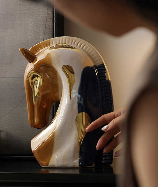 Ceramic Tang Horse Sculpture with Gold Accents, Traditional Asian Glazed Art Figurine for Home Decor, Elegant Desktop Ornament & Housewarming Gift
