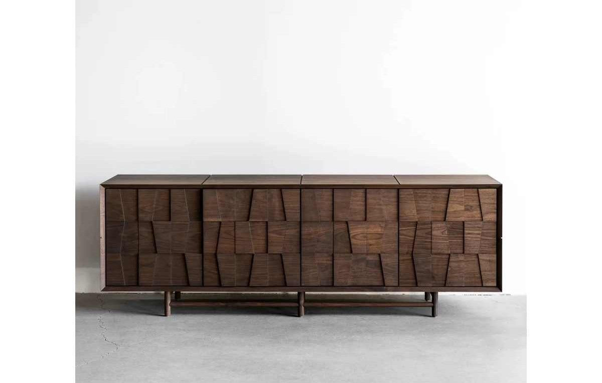 Modern Solid Wood Geometric Textured Sideboard – Contemporary Living Room TV Console, Large Storage Cabinet with Abstract Relief Pattern, Minimalist Walnut Finish Media Stand