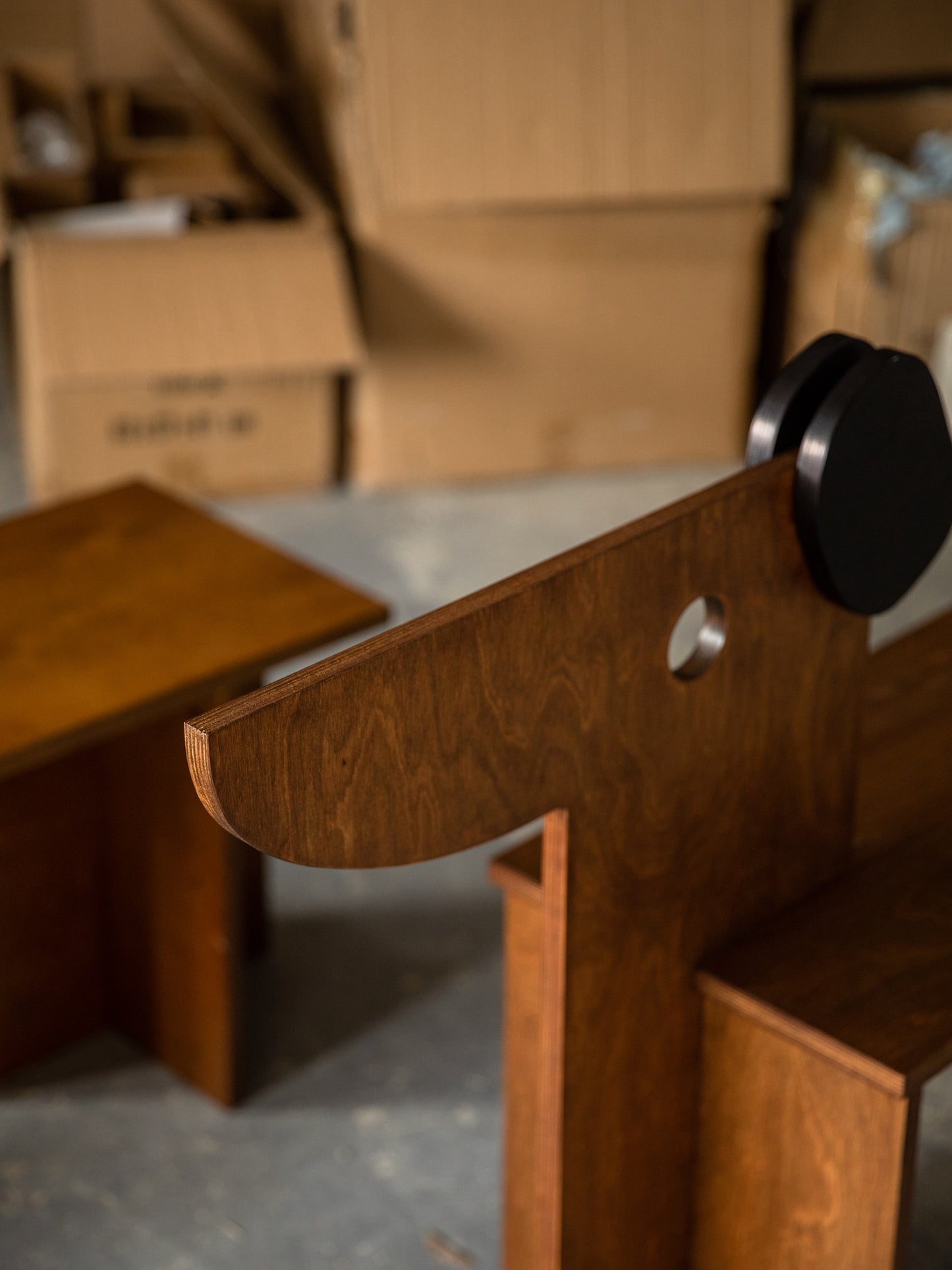 Whimsical Dog-Shaped Wooden Bench, Mid-Century Modern Pet-Inspired Seating with Circular Accents, Creative Studio Furniture & Entryway Shoe Bench