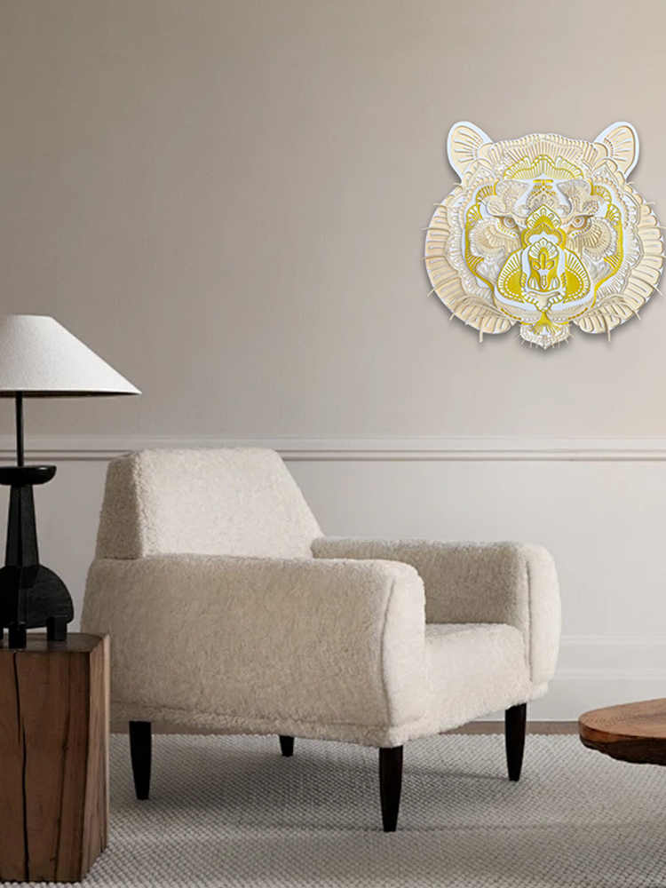 3D Layered Tiger Wall Art – Modern Wooden Animal Head Sculpture, Living Room Sofa Backdrop, Creative Carved Decor